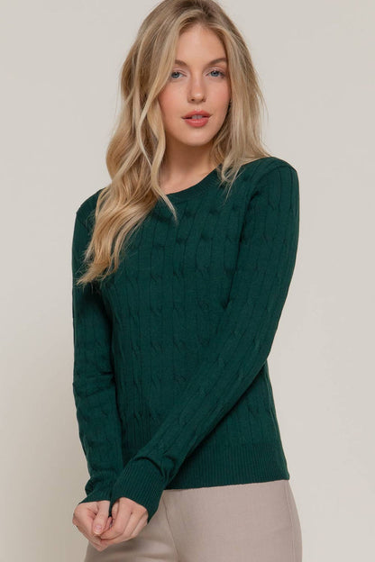 Long Sleeve Round Neck Cable Sweater  NAVY