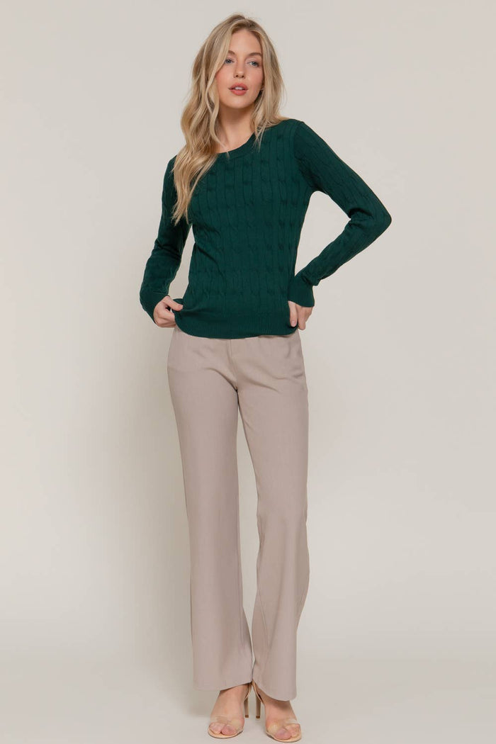 Long Sleeve Round Neck Cable Sweater  NAVY
