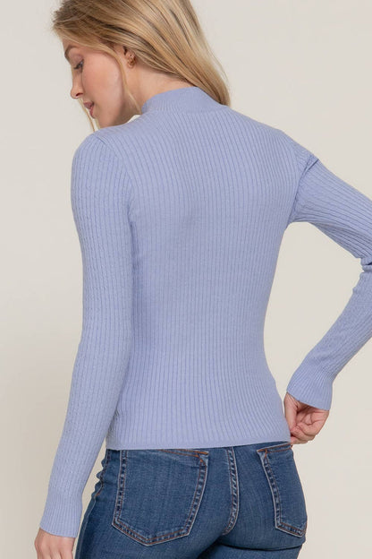 Lt Blue Long Sleeve Mock Neck Rib Sweater