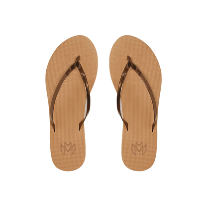 Lux Bronzed minimalist flip flop with thin brown metallic strap and beige arch support footbed