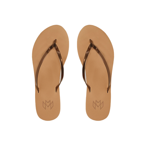 Lux Bronzed minimalist flip flop with thin brown metallic strap and beige arch support footbed
