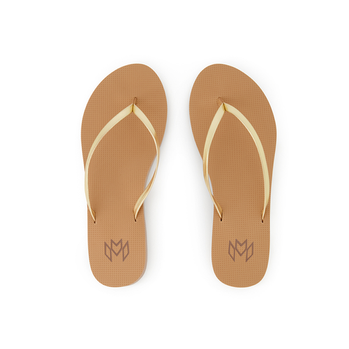 Lux Golden minimalist flip flop with thin gold metallic strap and beige arch support footbed