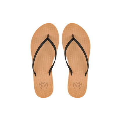 Lux Nova minimalist flip flop with thin black strap and beige arch support footbed
