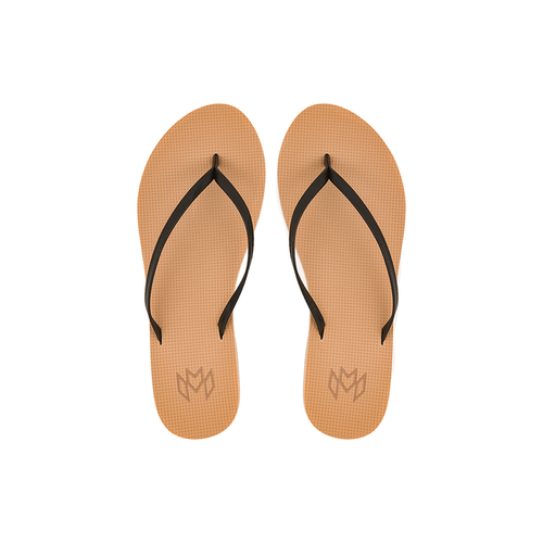 Lux Nova minimalist flip flop with thin black strap and beige arch support footbed