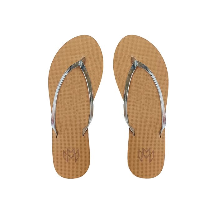 Lux Starry minimalist flip flop with thin silver metallic strap and beige arch support footbed