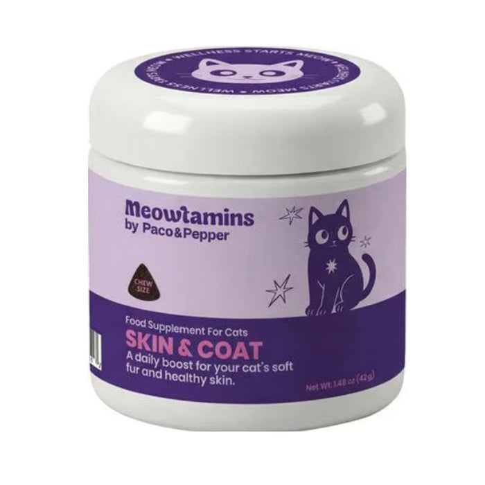 Paco and pepper Meowtamins skin and coat food supplement for cats. a daily boost for your cat's soft fur and healthy skin. 1.48 oz jar