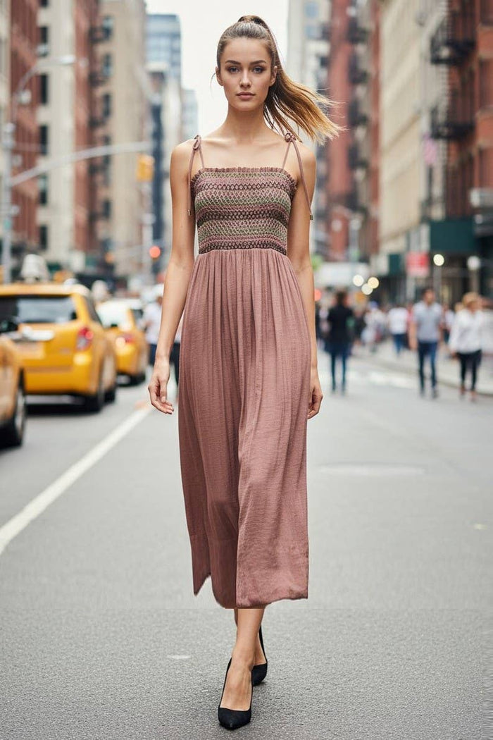 Multi-Color Smocking Maxi Dress : MAUVE