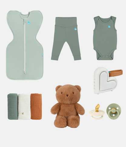 Newborn Ultimate Gift Bundle | Toy | Dummies | Sleep Machine | Swaddle | Bodysuit | Leggings | Wash Cloth | Olive
