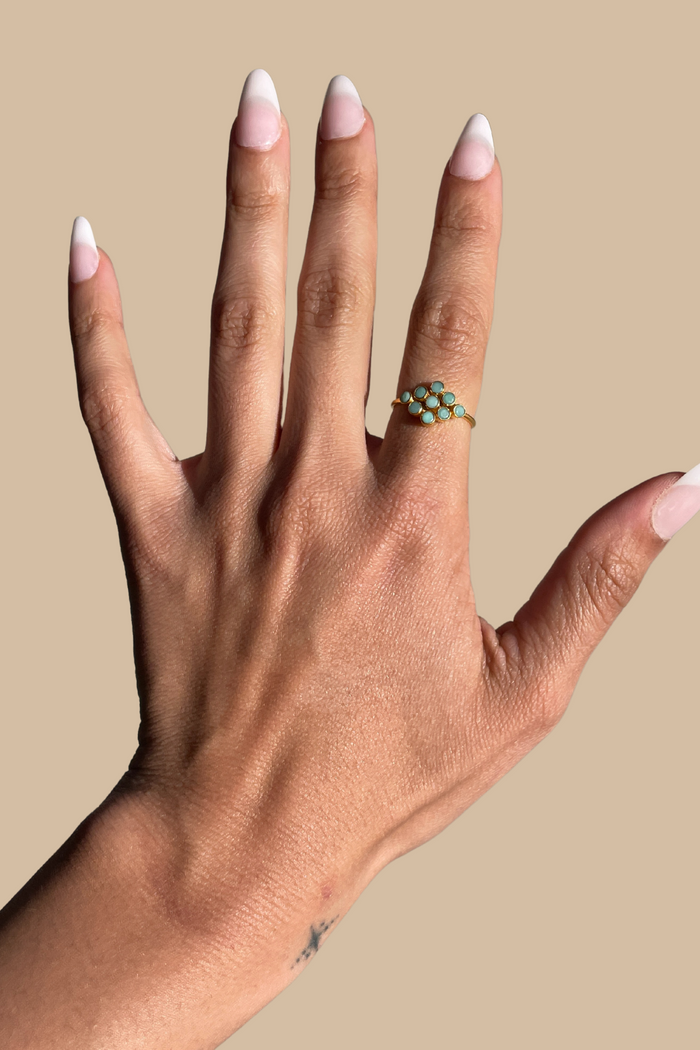 Nine Faceted Stone Ring in Chyrsophase