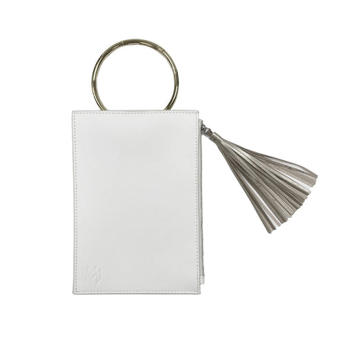 Parker Clutch Satin with zipper pocket, tassel and removable silver ring carabiner in white