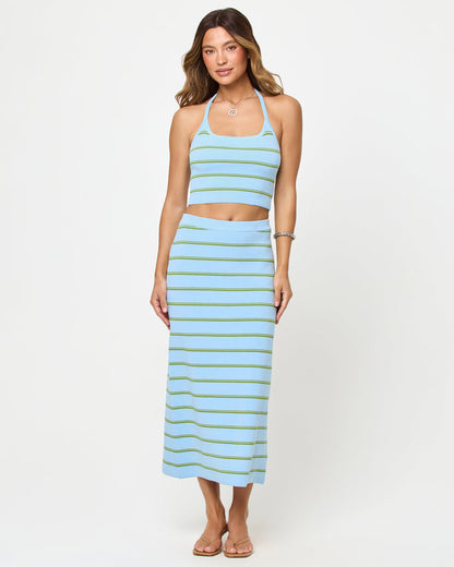 Barbados Stripe | Badge:New Arrival_#B2AC88_#ffffff'
LSPACE Positano Top and Ravello Skirt in Barbados Stripe, front view on model.
