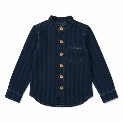 Printed Denim Mandarin Collar Shirt - Boys