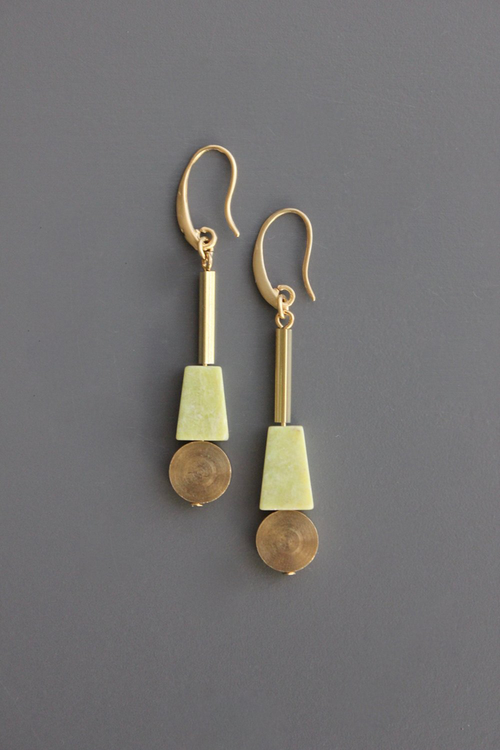 Serpentine and Brass Disc Drop Earrings