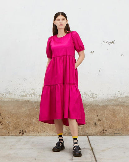 Stretch Ruffle Dress in Electric Pink