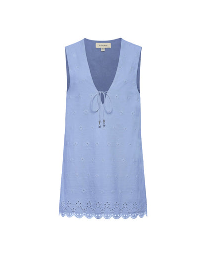LSPACE Sunday Mini in chambray, off-model flat lay on white background.