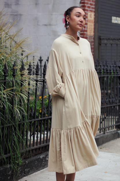 Tent Dress in Light Weight Cotton Flannel- Natural