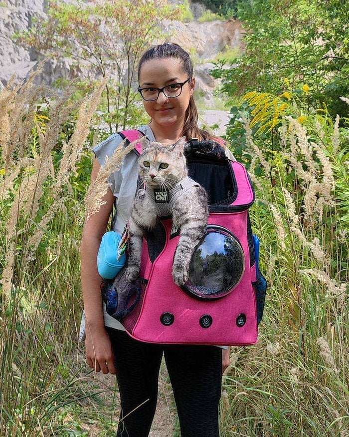 Human and cat using "The Fat Cat" Cat Backpack in Deep Rose Pink