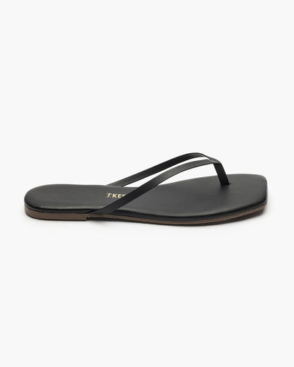Close-up of the TKEES Square Toe Lily Sandals in black showing the strap and footbed detail.