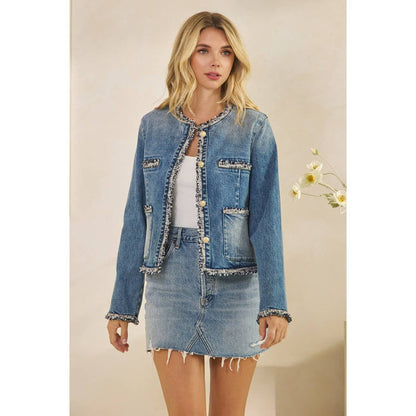 Tweed Trimmed Front Pocket Denim Jacke