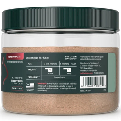 Vetriscience ultimate strength lysine immunity health granules 2.75oz container directions for use