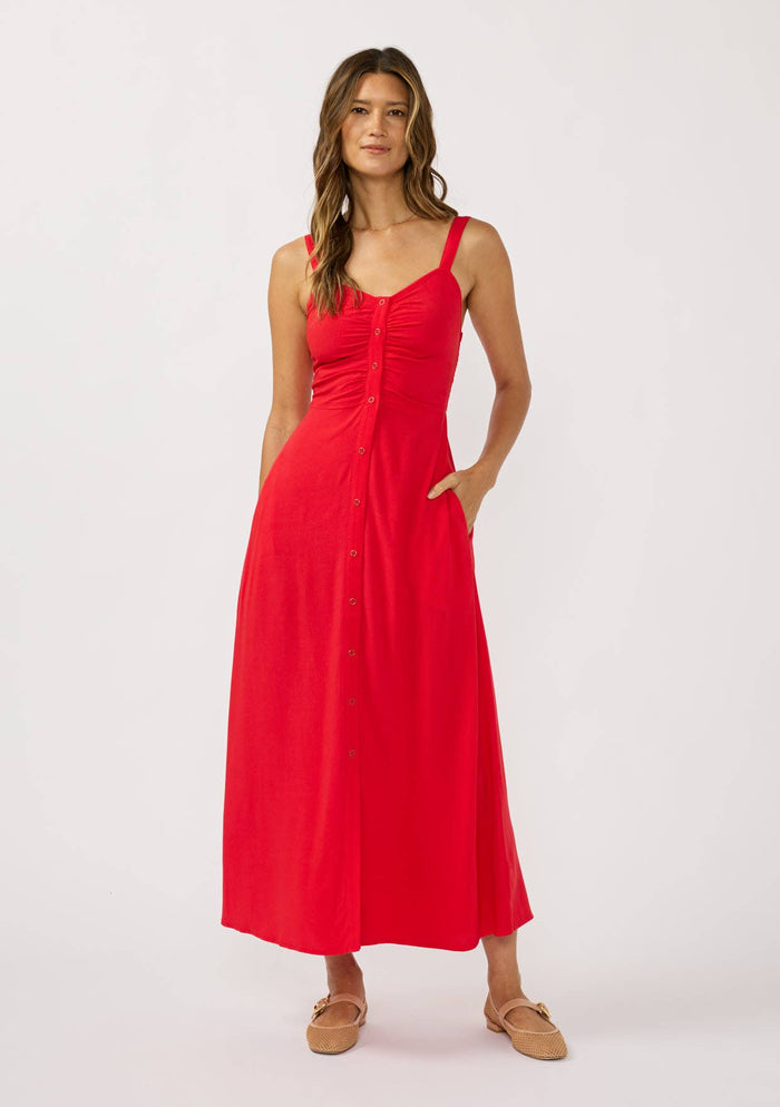 V-Neck Ruched Button Down Maxi Dress: