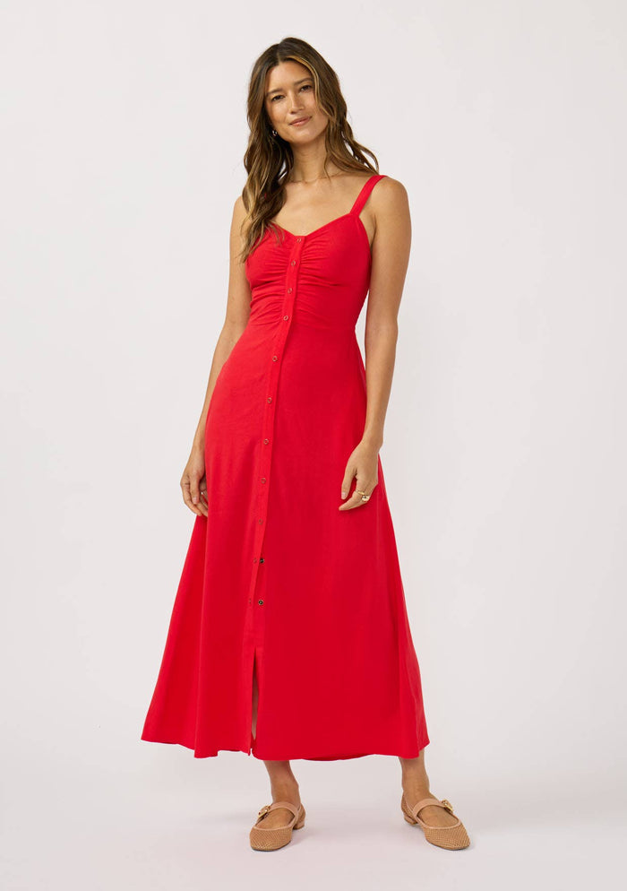 V-Neck Ruched Button Down Maxi Dress:
