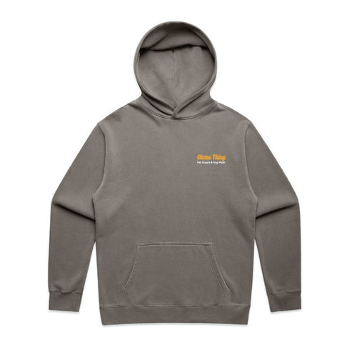 Shore Thing Pet Supple and Dog Wash embroidered women's hoodie in color faded gray