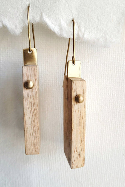 Wood Cut Brass Hook Earrings